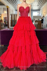 Red Sweetheart Sequins Top Multi-Layers Long Semi Formal Prom Dress,Tiered Semi Formal Prom Dresses